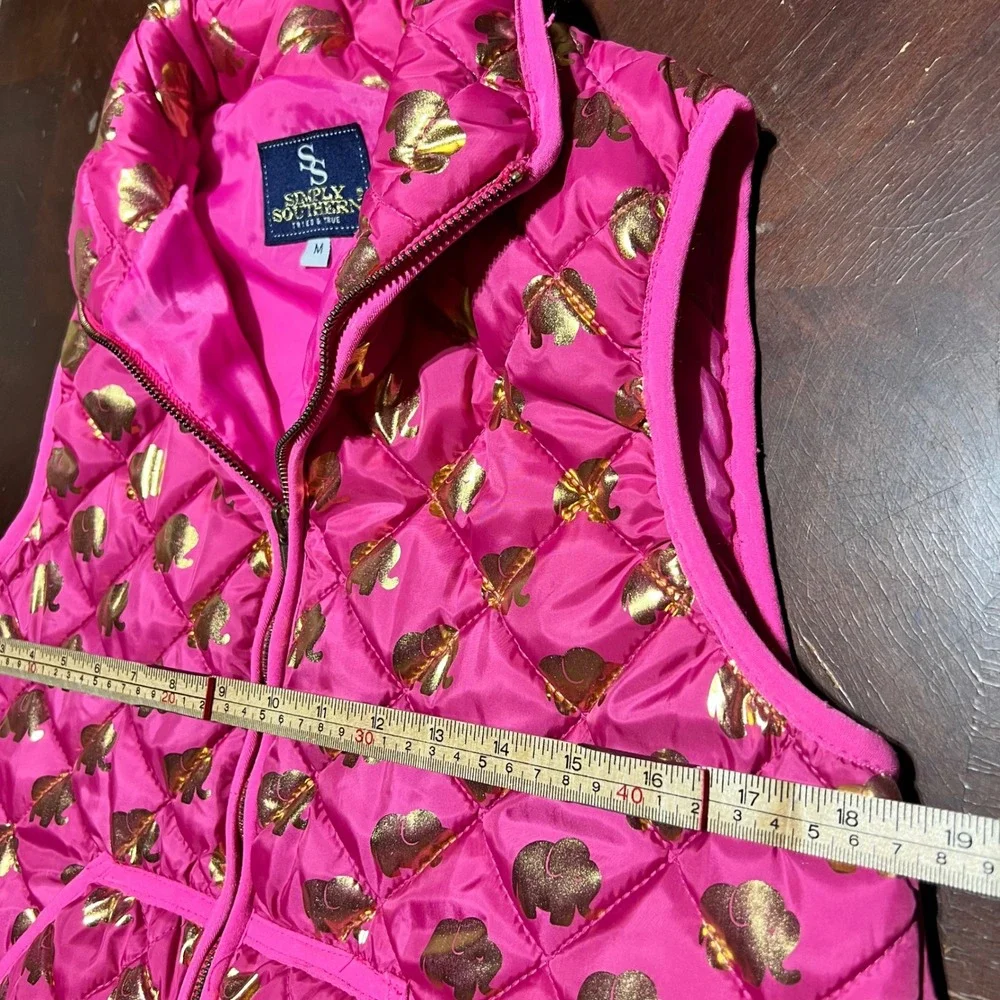 Simply Southern Womens Hot Pink Gold Elephant Quilted Puffer Vest Size Medium